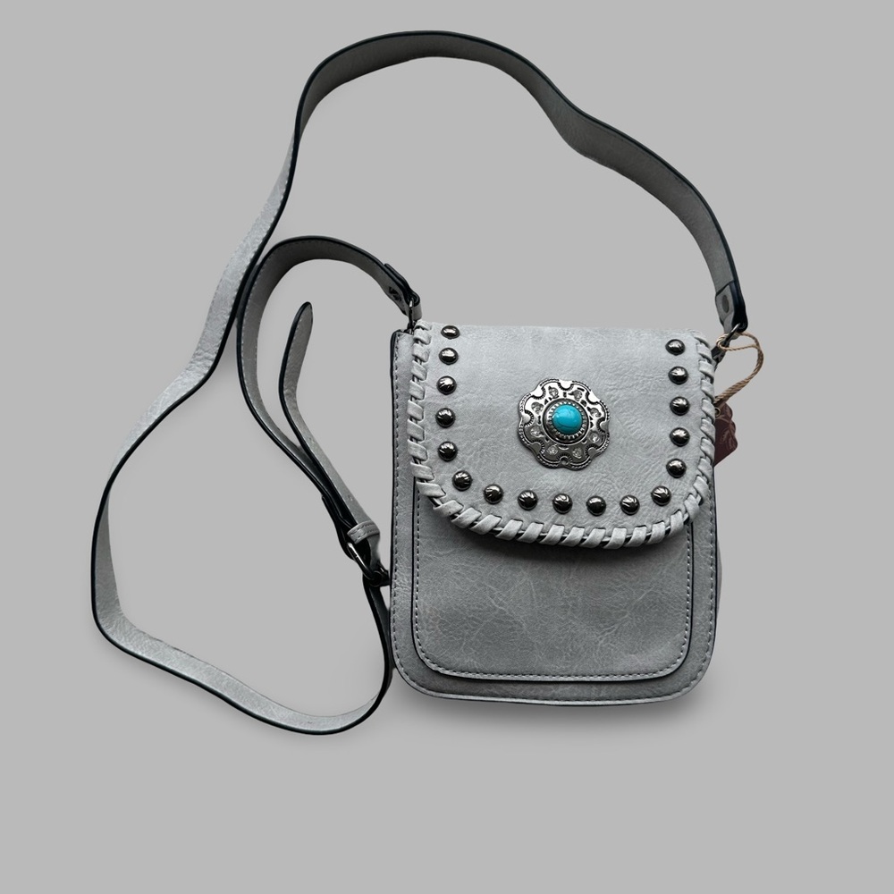 Sam & Hadley Gray Western Crossbody Bag with Turquoise Concho & Studs NWT - Picture 3 of 11